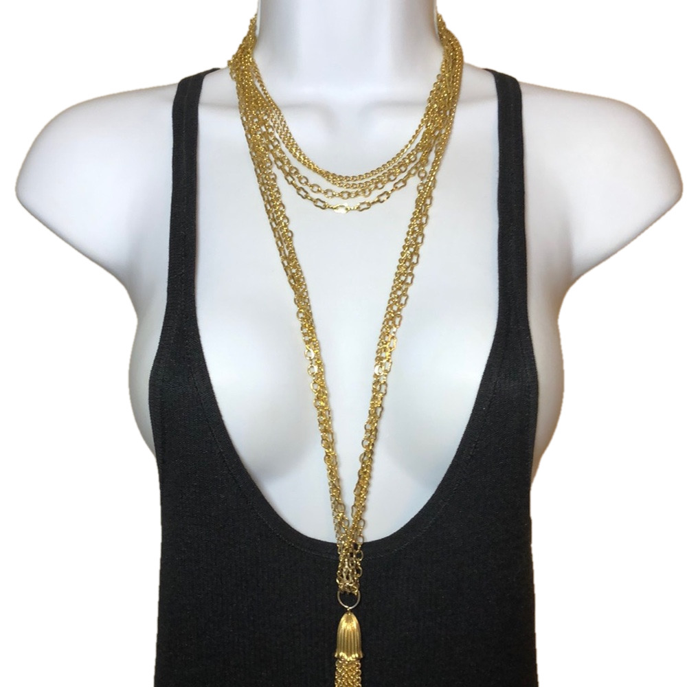 Vintage multi layered gold tone statement costume long necklace tassel fringe. - Picture 2 of 8